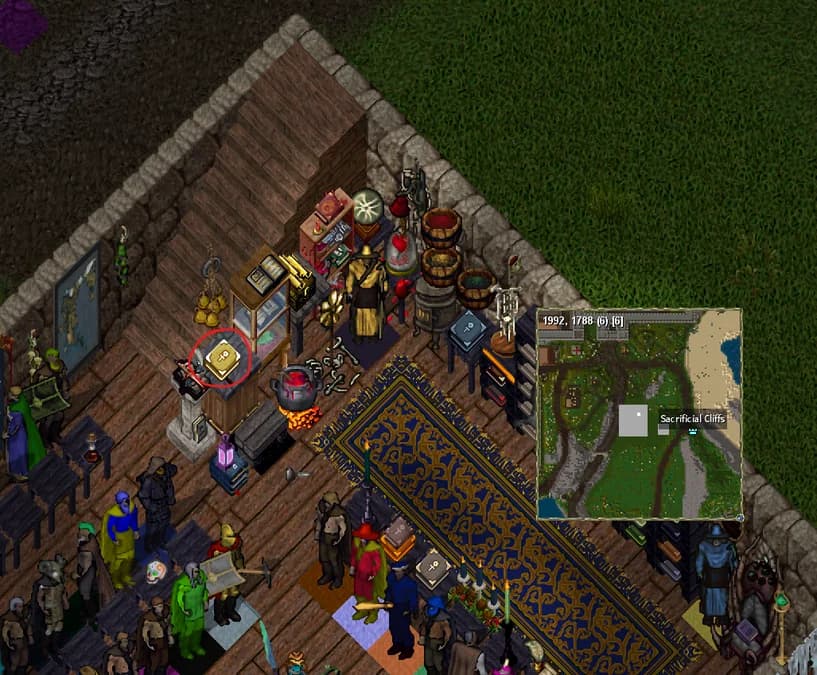 Inside Khal Draco's Rune Library, with the taming runetome circled and the map showing Sacrificial Cliffs